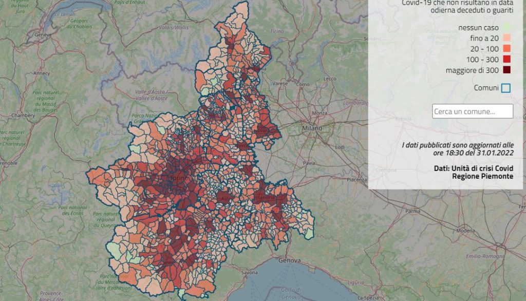 Regione Piemonte mappa contagio Coronavirus al 31 gennaio 2022