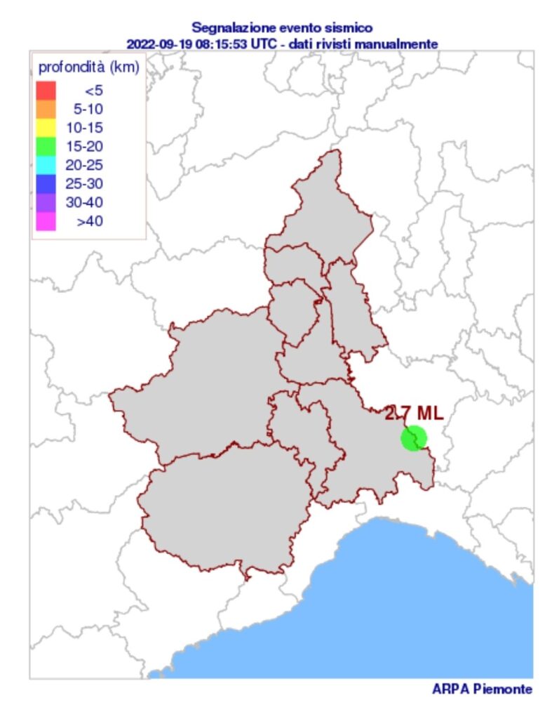 Terremoto in Piemonte oggi 19 settembre 2022: lieve scossa a Pozzol Groppo