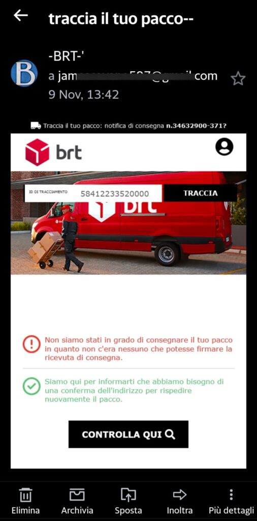 "Non siamo stati in grado di consegnare il tuo pacco": la nuova truffa viaggia per e-mail