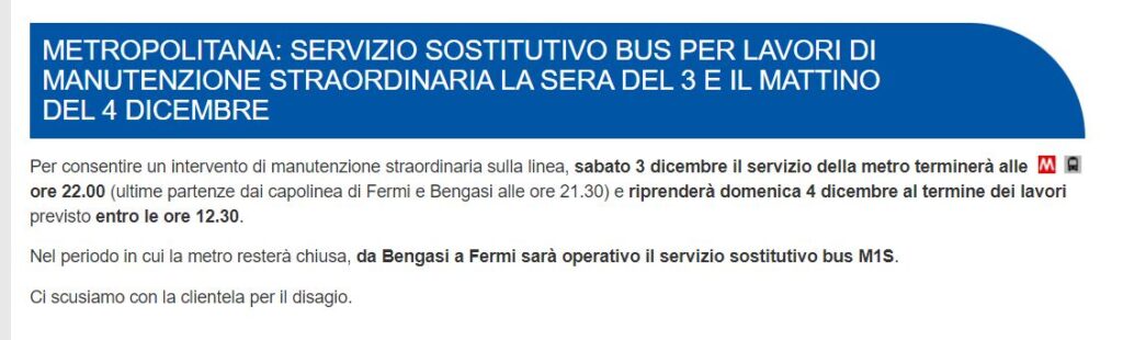 Metro Torino 3 dicembre 2022 GTT lavori di manutenzione