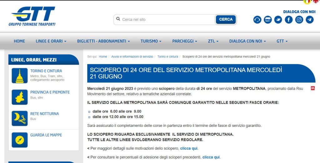 Sciopero metro Torino 21 giugno 2023 il comunicato GTT