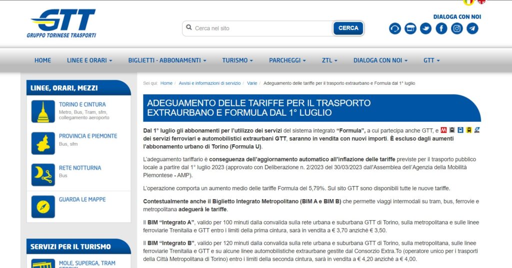 Torino, GTT: aumento delle tariffe dal 1 luglio 2023