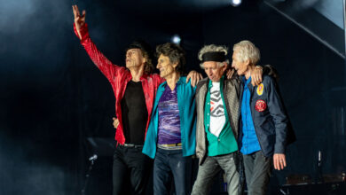 From left: Mick Jagger, Ronnie Wood, Keith Richards, and Charlie Watts bow post-show London 2018.